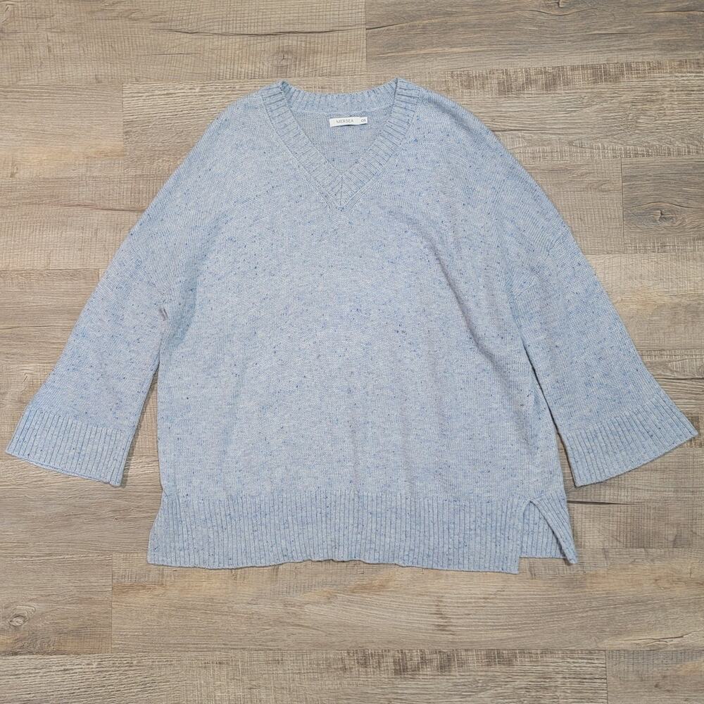 Mer Sea Wool Blend Wide Sleeve Tunic Sweater One Size V Neck Blue Nautical Top
